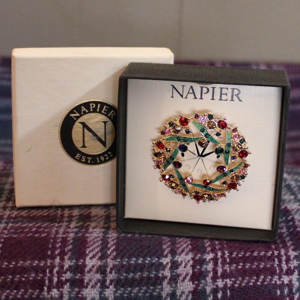 NWT Napier Rhinestone Green and Red Wreath Pin Brooch